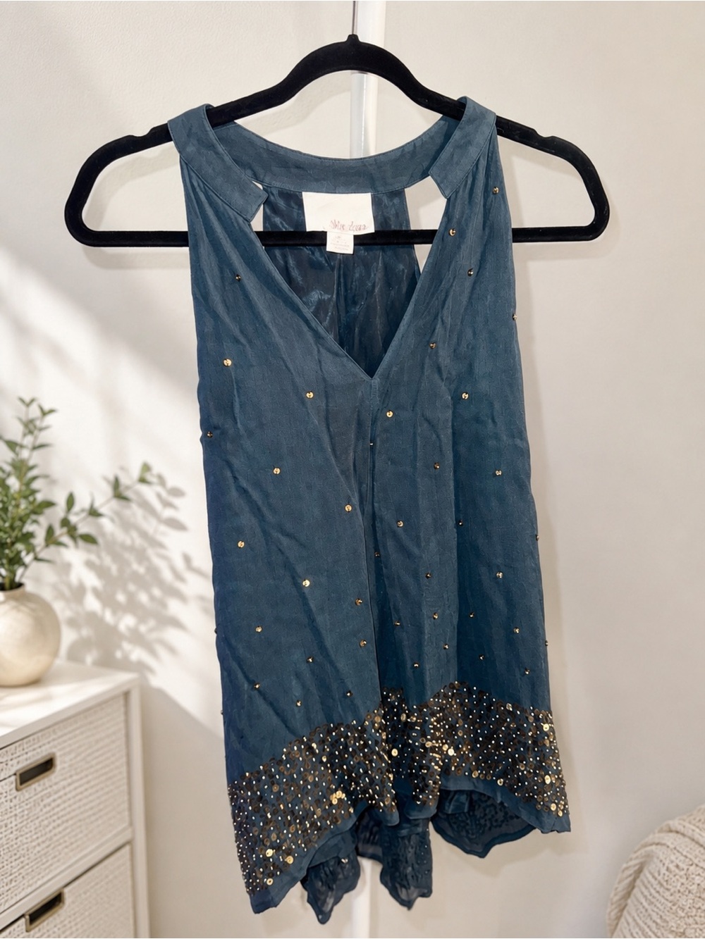 Embellished Blue Tank Top with V-Neck